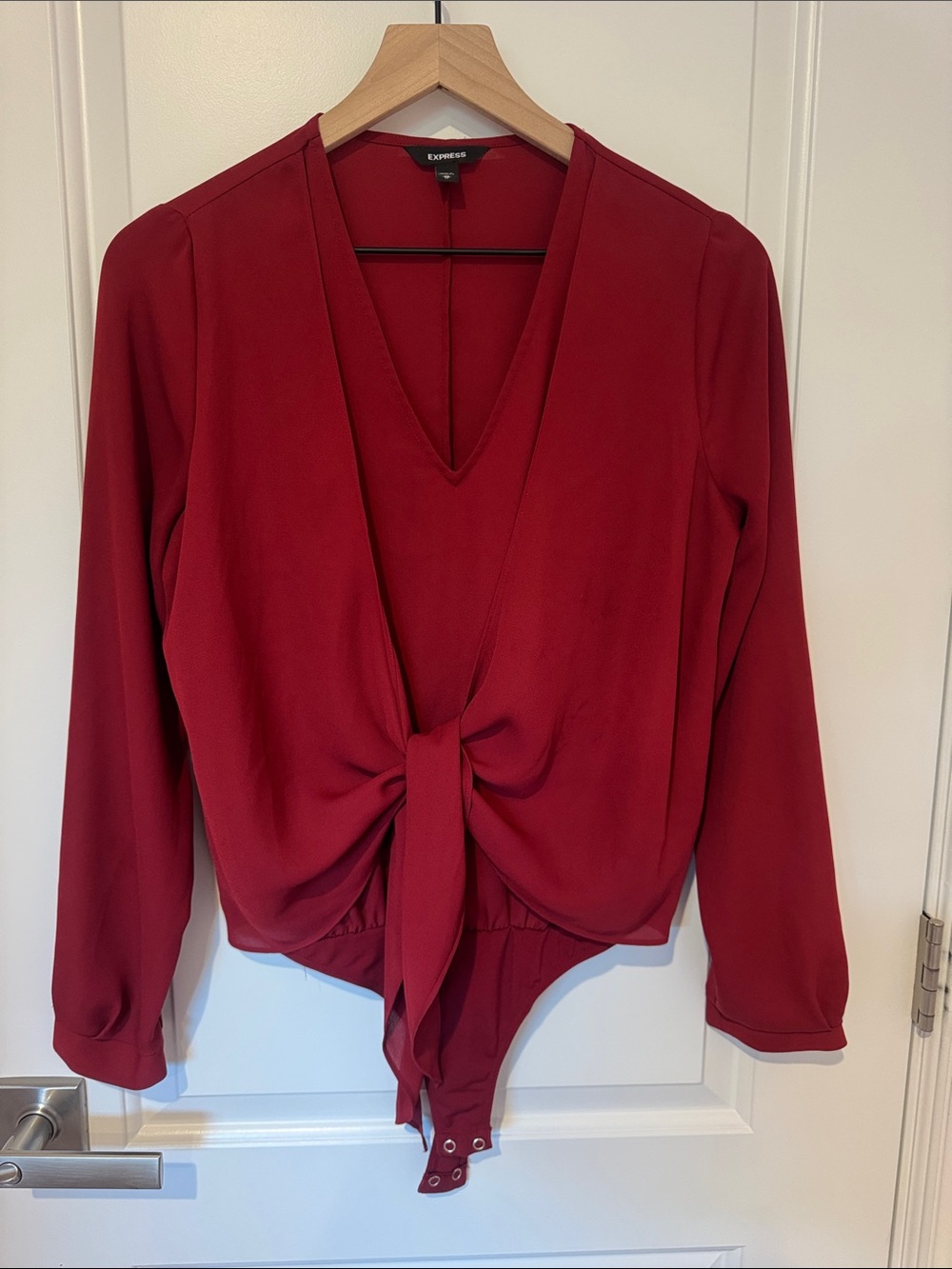 Express Women's Burgundy Tie-Front V-Neck Bodysuit
